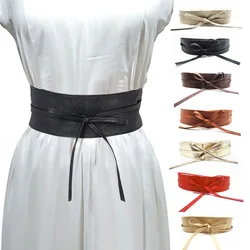 Fashion Spring Autumn Women Lady Fashion Metallic Color Soft Faux Leather Wide Belt Self Tie Wrap Waist Mujer Dress