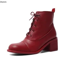 Olomm/Новые Женские зимние кожаные ботильоны ботинки на высоком квадратном каблуке модельные туфли с круглым носком белого, черного, винного, красного цвета женские американские размеры 4-8,5