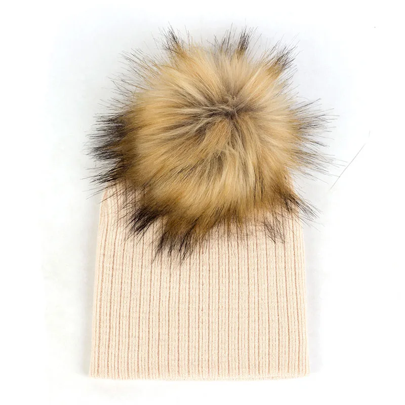 Для детей ясельного возраста осень-зима теплые ребристые круглые шапки без полей, полосатые трикотажные утепленные шапки с помпончиком, унисекс, для новорожденных шапки - Цвет: Beige16