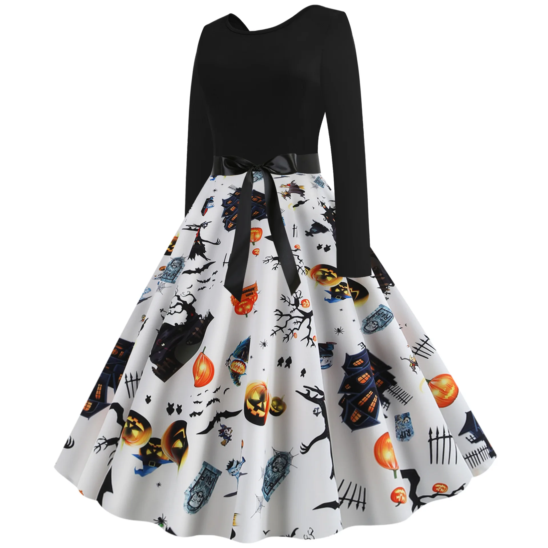 Новинка 2019, женское платье с принтом тыквы и домохозяйки, винтажное повседневное мини-платье на Хэллоуин с длинными рукавами и круглым