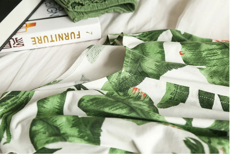 Женская простая Пижама, корейский комплект из 2 предметов, пижама с v-образным вырезом, хлопок, с длинными рукавами, печать листьев, домашняя одежда, одежда для отдыха, комплект Pj