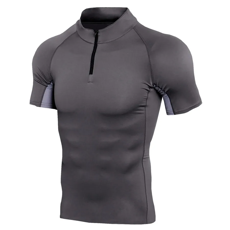 Zipper Neck Gym Sport Shirt Men Quick Dry Fitness Compression T-Shirts Slim Jogging Tees Tops Running Shirt Muscle Tee Rashgard - Цвет: Gray