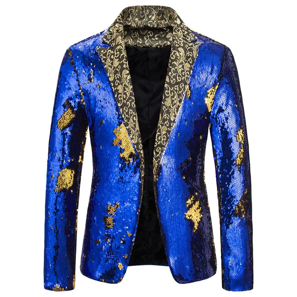 Очаровательный мужской повседневный приталенный жакет пиджак с блестками, вечерние топы, кардиган в стиле пэчворк - Цвет: Blue