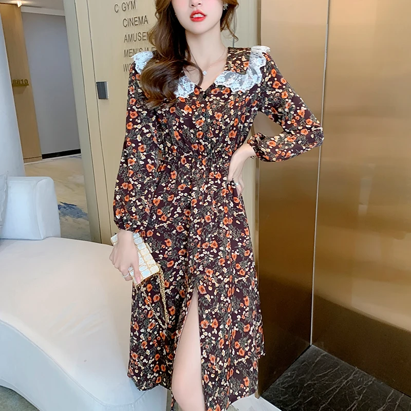 

Hebe&Eos Autumn Woman Vintage Floral Print Dress Elegant Chiffon Dresses Female Long Sleeve Peter Pan Collar One Piece Dress