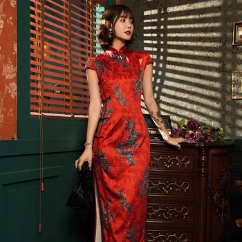

Burgundy Short Sleeve Classic Women Cheongsam Elegant Long Sexy Qipao Summer Print Dress Mandarin Collar Big Size 3XL 4XL