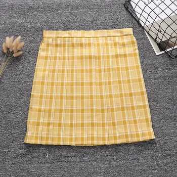 

JK Uniforms Lemon yellow Plaid Skirt Pleated skirts school Skirt adjustable waist add pocket 43cm Sky blue Bean sprout green
