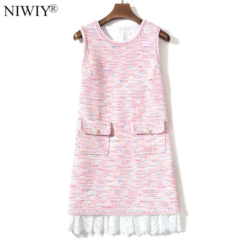 High-end Spring Women Pink Tweed Lace Dress Vestidos Invierno 2021 Mujer Celebrity Woven Mini Party Ropa N9743 | Женская одежда