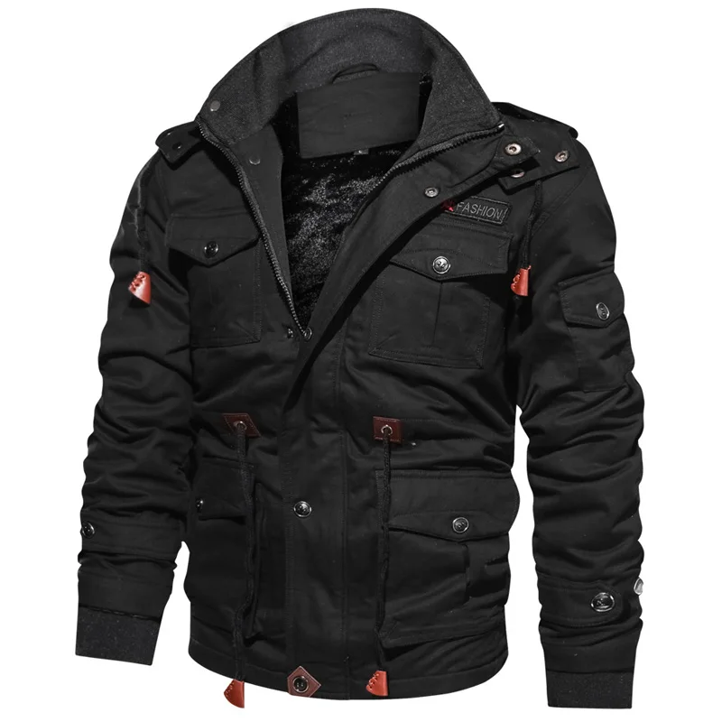 Новинка, зимняя куртка для мужчин, повседневное плотное тепловое пальто, армейская куртка пилота, куртки ВВС, куртка-карго, верхняя одежда, флисовая куртка с капюшоном, одежда 4XL - Цвет: Черный