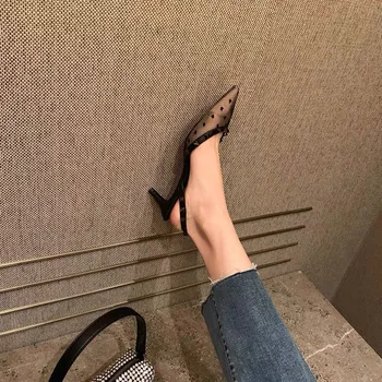 

Sandals woman sexy black polka dot mesh rivets summer Baotou back empty 2020 new pointed toe stiletto low heels women