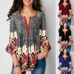 2019 Летняя женская блуза с v-образным вырезом, Повседневная рубашка с рукавом семь, женские топы с рукавами с принтом лотоса, женские топы