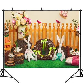 

Easter Photography Background Wooden Fence Flowers Toy Rabbit For Baby Kids Portraits Birthday Party Photo Backdrop