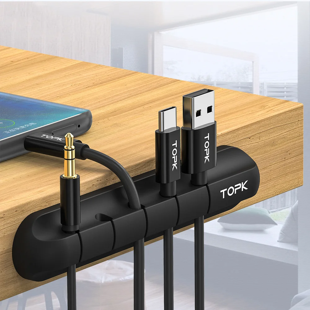 TOPK-organizador de cables L16, enrollador de Cable USB de silicona, Clips  de gestión para escritorio