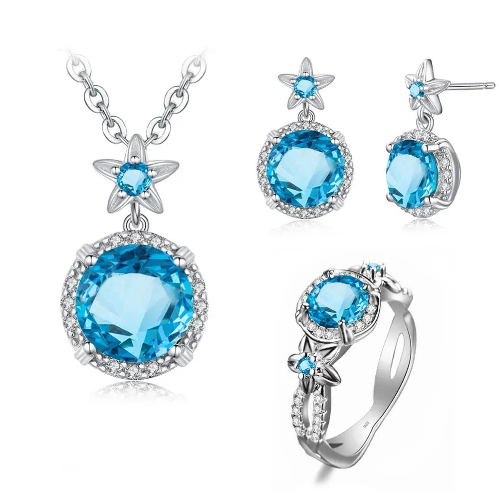 

Silver 925 Jewelry Sets For Women Small Cute Flower Blue Topaz Gemstone Ring Earring Pendant Set Wedding Party Fashion Jewelry