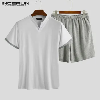 

INCERUN Men Pajamas Sets Cotton Short Sleeve V Neck Sleepwear Shorts 2 Pieces Homewear 2020 Leisure Patchwork Men Nightwear Sets