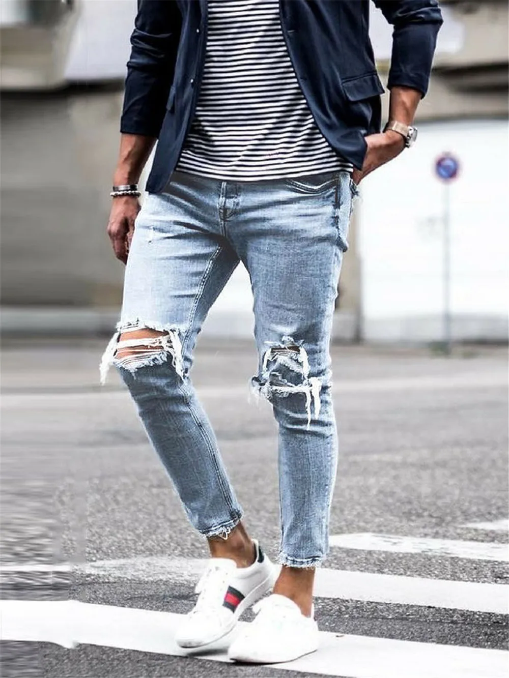 Pantalones vaqueros rotos para hombre, ropa de calle de estilo Hip Hop,  color azul claro _ - AliExpress Mobile