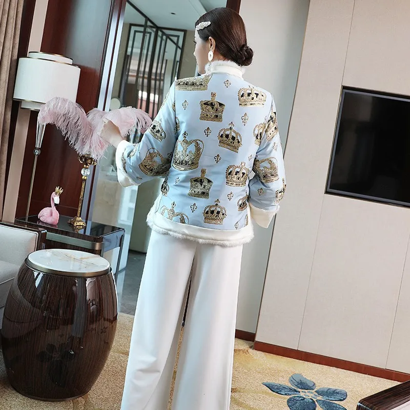 

Short Cotton Coat Women's 2019 Autumn And Winter New Style Chinese-style Retro Imitation Rabbit Fur Collar Thick Chinese Costume