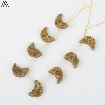 

8Pcs/Strand Top Drilled Gold Titanium Slice Slab Druzy Drusy Agates Crescent Moon Loose Bead Pendant Jewelry Strands XFX-168AMDJ