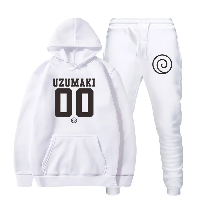 Harajuku аниме Наруто Uzumaki Uchiha толстовки Толстовка спортивные костюмы для женщин мужчин костюм пуловер комплект из двух предметов спортивный костюм - Цвет: white2  UZ