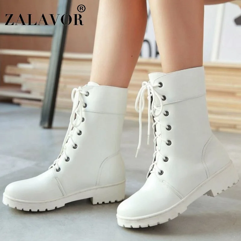 ZALAVOR botas planas para mujer 2020 Casual encaje hasta botas blancas  medias cortas moda mantener caliente piel invierno zapatos mujeres tamaño  32 40|Botas a media pantorrilla| - AliExpress