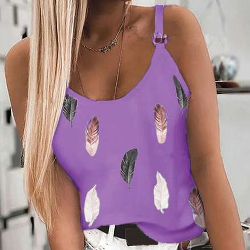 Plumage Printed Women'S Tank Top U-Neck Spaghetti Strap Camisole Sleeveless Beach Style Summer Tops Shoulder Buckle Tops cheap bras