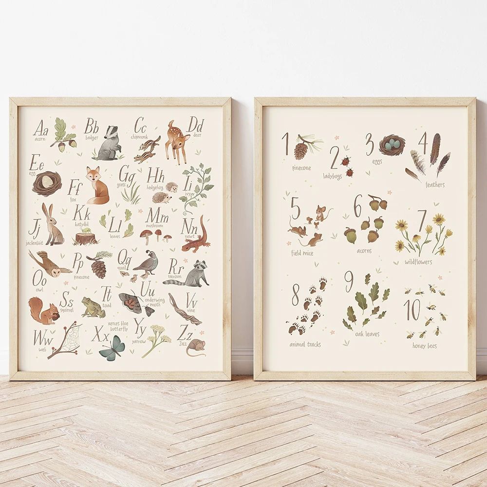 Woodland Alphabet and Number Educational Posters Prints Nursery Wall Art Canvas Painting Pictures Kids Room ABCs Decor | Дом и сад