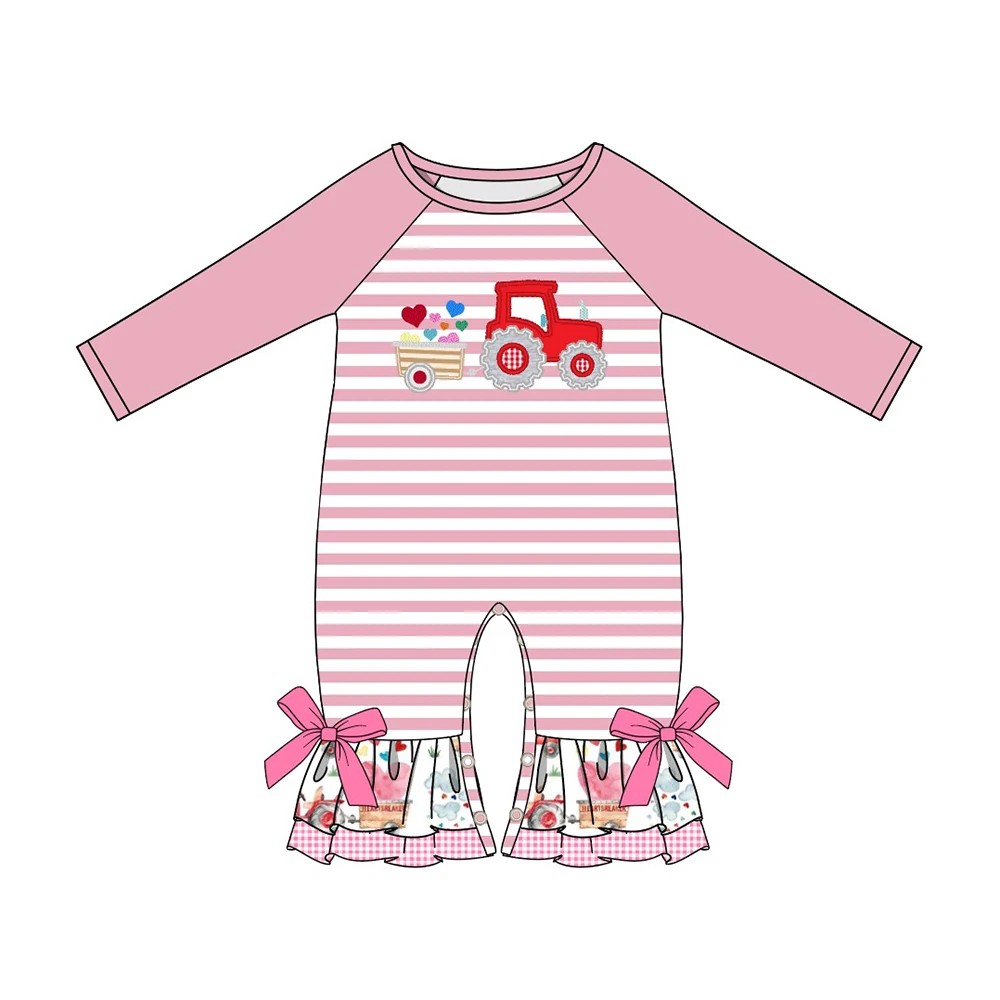 Autumn Girls Clothes Pink Stripes Long Sleeve Valentine's Day Tractor Pulling Love Heart Embroidery Pattern Toddler Baby Romper | Мать и
