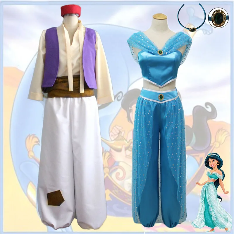 

Aladdin and The Magic Lamp Cosplay Costume Aladdin Princess Jasmine Top Pants Set Suit Hat Vest Belly Dancer Cosplay Fancy Dress