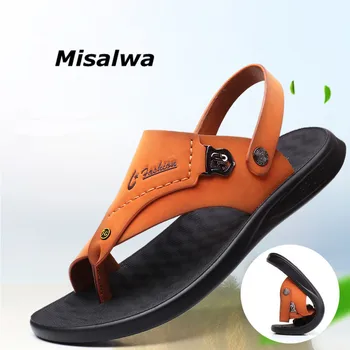 

Misalwa Clip Toe Men Sandals PU Leather Casual Outdoor Men Soft Shoes Brown Black Slippers Anti-slip Beach Flat Shoes