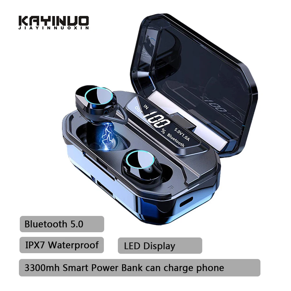 

TWS 5.0 bluetooth earphone Waterproof IPX7 wireless earphones 9D Stereo In-Ear sport earphones 3300mh smart power bank