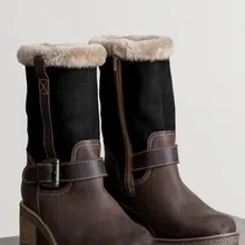 Теплая зимняя женская прогулочная обувь; женские ботинки; полусапожки на среднем каблуке; ботильоны из искусственной кожи с ремешком и пряжкой, боковой молнией и отворотами