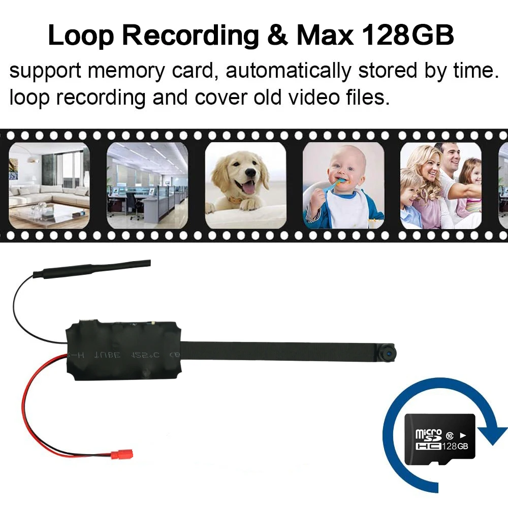 A motion-activated nanny cam with loop recording and a memory card.