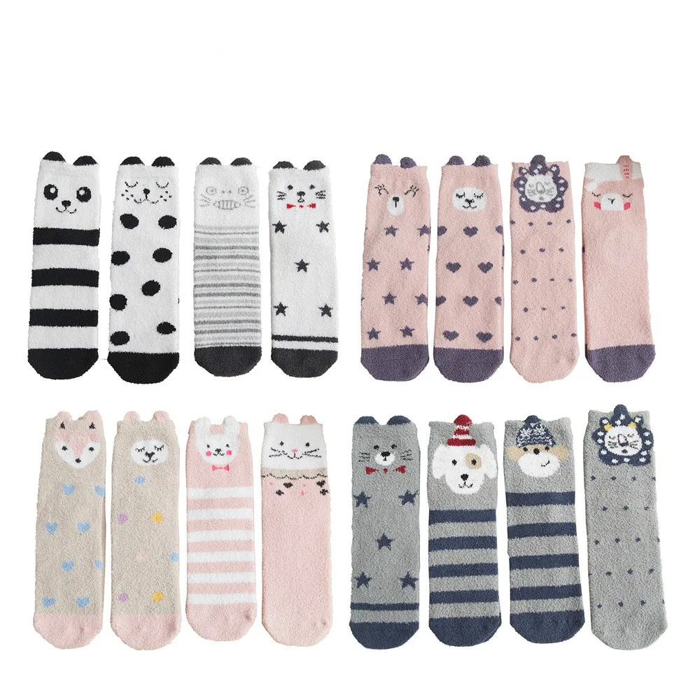 4 пары, Японский Корейский стиль, Kawaii, пушистые носки для женщин с мультяшной собакой, пандой, лисой, розовые носки, зимние для женщин 112601