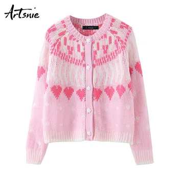 

Artsnie vintage casual geometric women cardigans winter 2019 o neck long sleeve pull femme knitted streetwear cardigans sweaters
