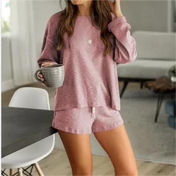 

Women Clothing Sets New Casual O-neck Long Sleeves Tops Wear Shorts 2pcs Costume Suits Casual Loose Home Clothing Suit Femme Hot