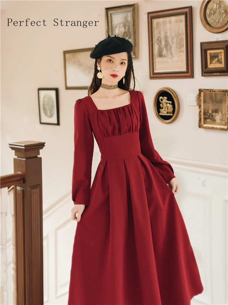2021 Spring Autumn New Arrival Retro Hot Sale Princess Style Square Collar Collect Waist Women Long Dress | Женская одежда