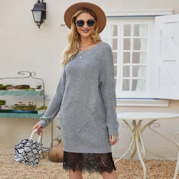 

Women's Lace Sweater Dress Spring Autumn Ladies Knitted Lace Dresses O-neck Loose Long Sleeves Pullover Jumpers Long Sweaters