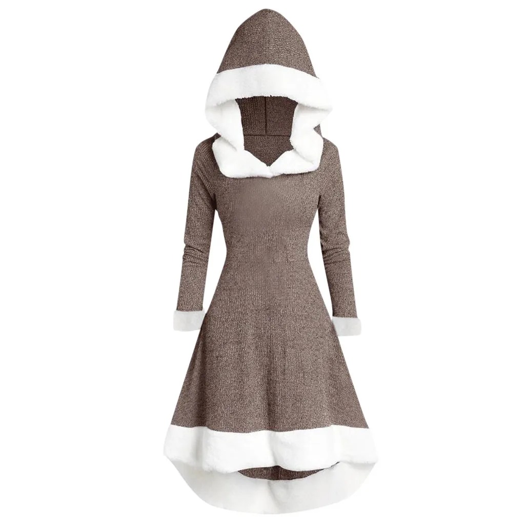 Женское зимнее модное винтажное платье в стиле пэчворк с длинным рукавом и капюшоном, вечерние женские платья, винтажное плюшевое платье с длинным рукавом