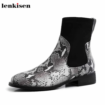 

Lenkisen hot genuin leather stretch flock low heels round toe mixed colors fashion snakeskin pattern winter warm ankle boots L62