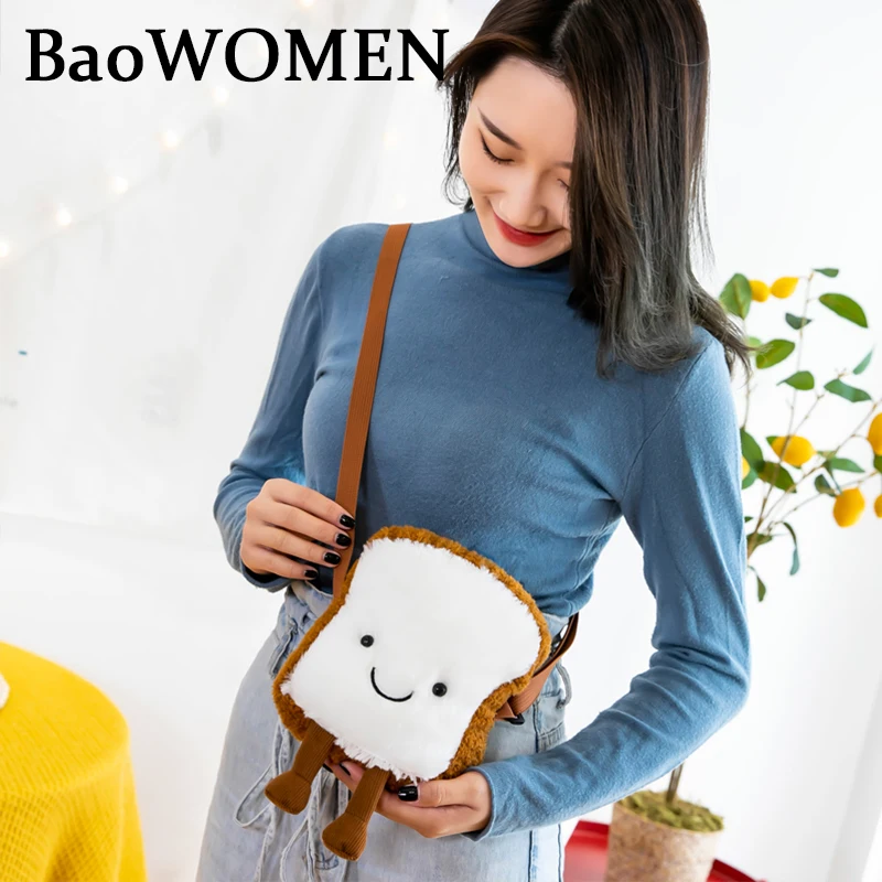 

BaoWomen Cartoon Printing Soft Plush Handbags Small School Crossbody Toast Bread Cloud Shoulder Bags For Students Messenger Bag