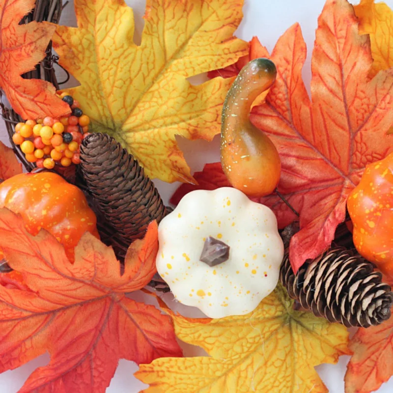 Thanksgiving Christmas Rattan Wreath Garland Artificial Maple Leaves Pumpkins And Berries Front Door Holiday Decor