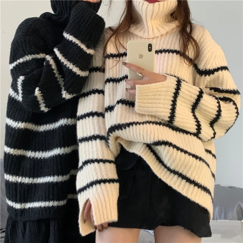 

New 2020 Autumn Winter Women Sweater Turtleneck Striped Korean Oversize Vintage Elegant Lady Pullovers Knitwear Tops