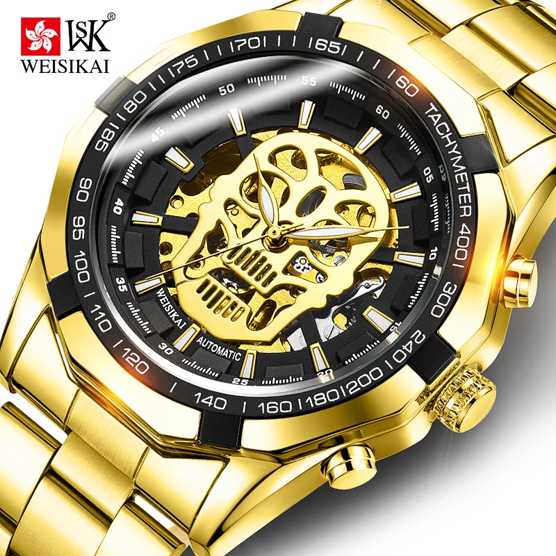 

Automatic mechanical watch men watches skull skeleton luminous gold stainless steel mens fashion sport wrist watch parnis winner