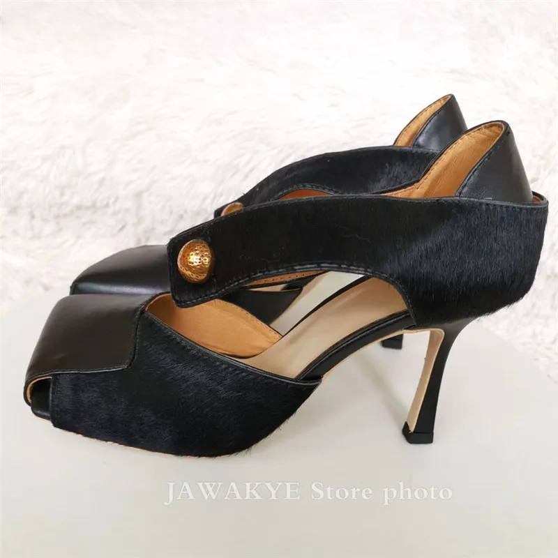 Black-Horse-hair-leather-Square-Toe-Madame-high-heel-shoes-Women-Pumps-hollow-Novelty-gold-Metal