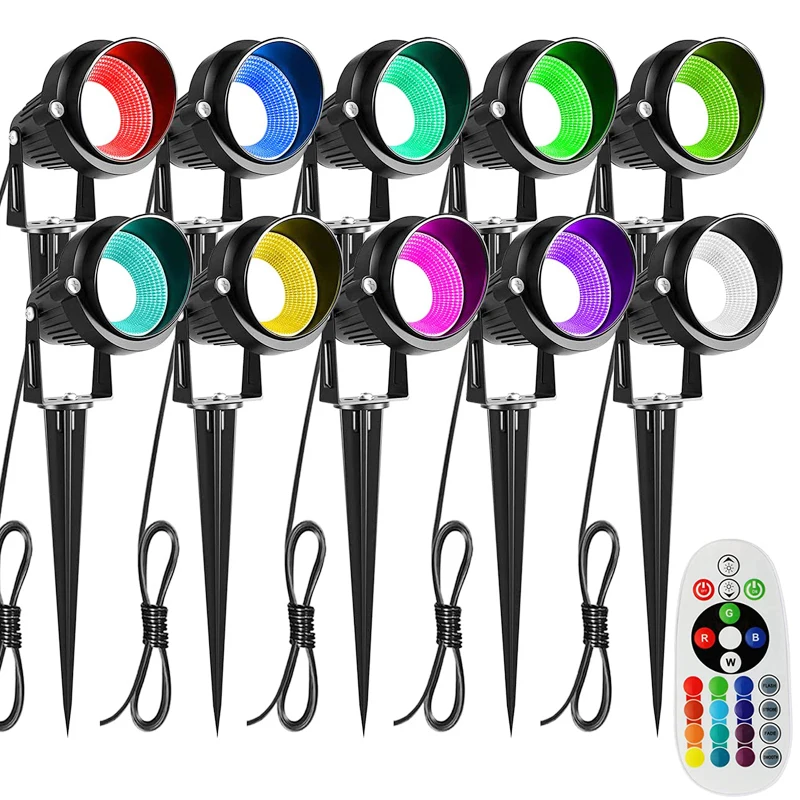 RRDWQ-10W RGB Color Changing Landscape Lights, Outdoor Waterproof LED Spotlights Remote Plug Garden Yard Patio Driveway Birthday Holidays Decoration