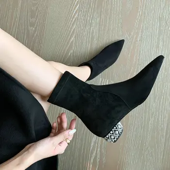 

Pointed Toe Crystal heel Ankle Boots Women Fashion Stretch Short Boots Women Fall New Black White Low-heel Ankle Boots Plus Size