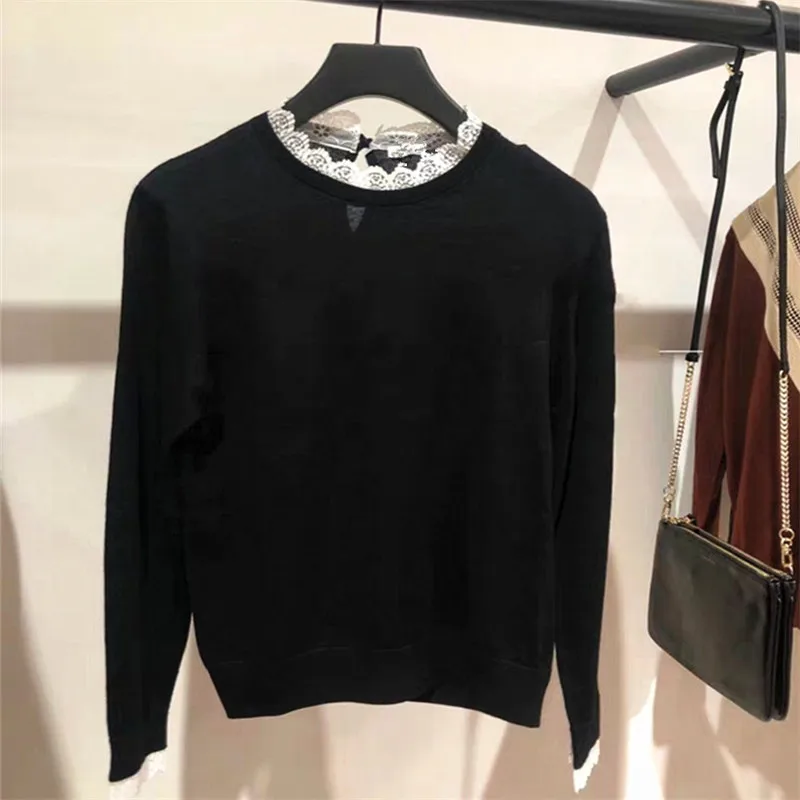 Lace Collar Black Knitwear Women Long Sleeve Tops Autumn Sweet Lady Woolen Knitted Pullover Sweater