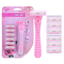 

1 Handle and 7 Razor Blades Disposable Razor Female Stainless Steel Pink Safety Razor Ladies Lubricant Strip women's Face Razor