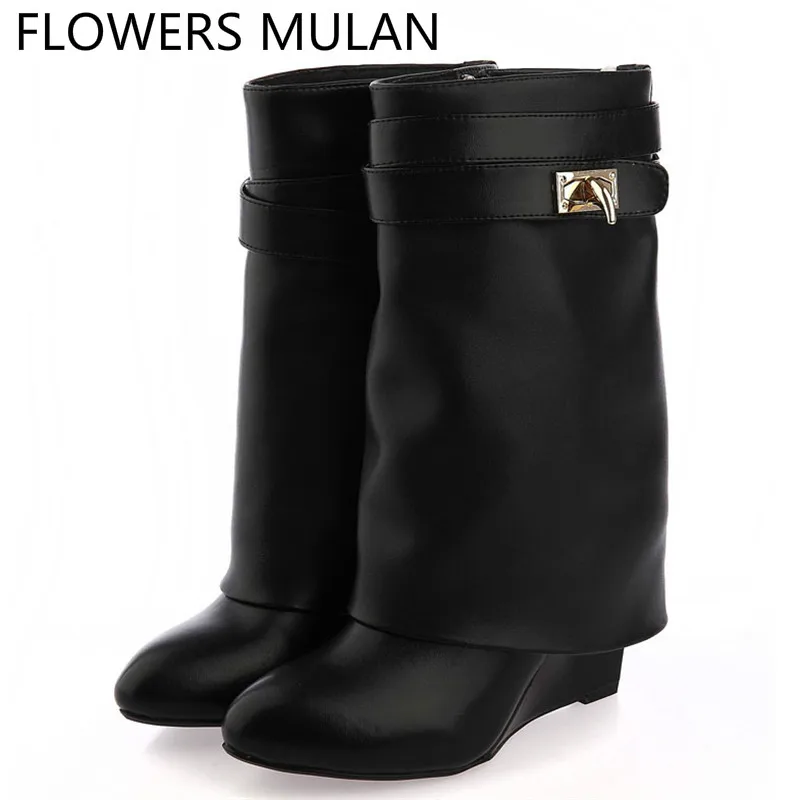 

2019 Shark Lock Folder Mid Calf Women Wedge Boots height increasing High heels Shoes High Quality Martin Layer Boots women