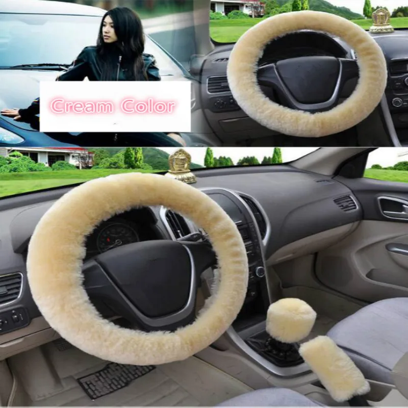 Universal Car Steering Covers Winter Plush Car Steering-Wheel Cover Faux fur Hand Brake Gear Cover Set Car Interior Accessories - Название цвета: Бежевый