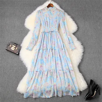 

Fashion New Women 2020 Spring Dress Long Sleeve Elegant Designers Beading Neck Ruffle Floral Print Midi Holiday Chiffon Dress
